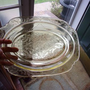 Depression Glass Yellow Gold Etched Plate Tray